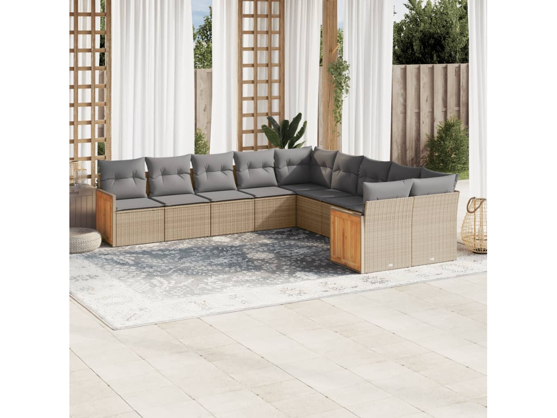 Vidaxl 10 Pcs Conjunto De Sofás P/ Jardim Com Almofadões Vime Pe Bege