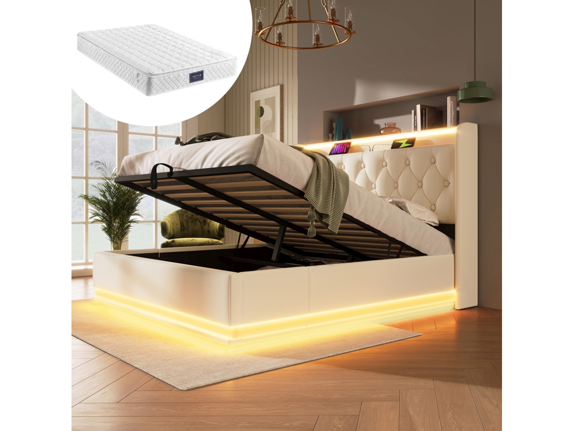 Cama De Casal Polsterbett Led 360 Usb-c 160x200cm Branco Pu Com Colchão