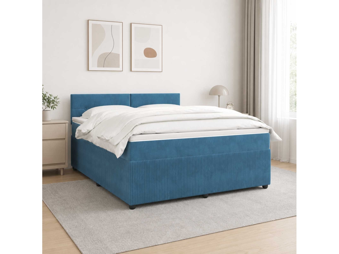 Vidaxl Cama Box Spring Com Colchão Azul 140 X 200 Cm Veludo