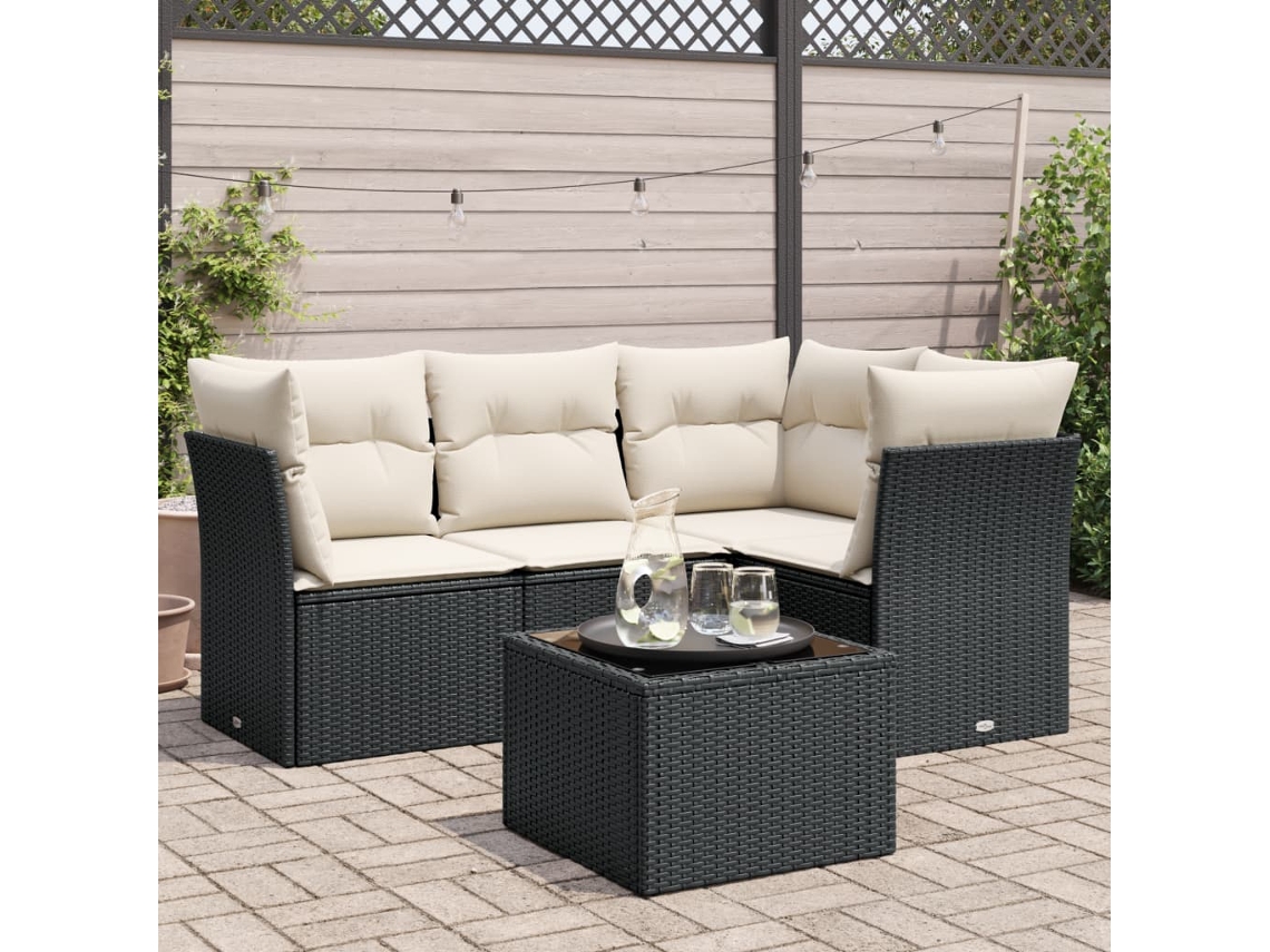 Vidaxl 5 Pcs Conjunto Sofás De Jardim Com Almofadões Vime Pe Preto