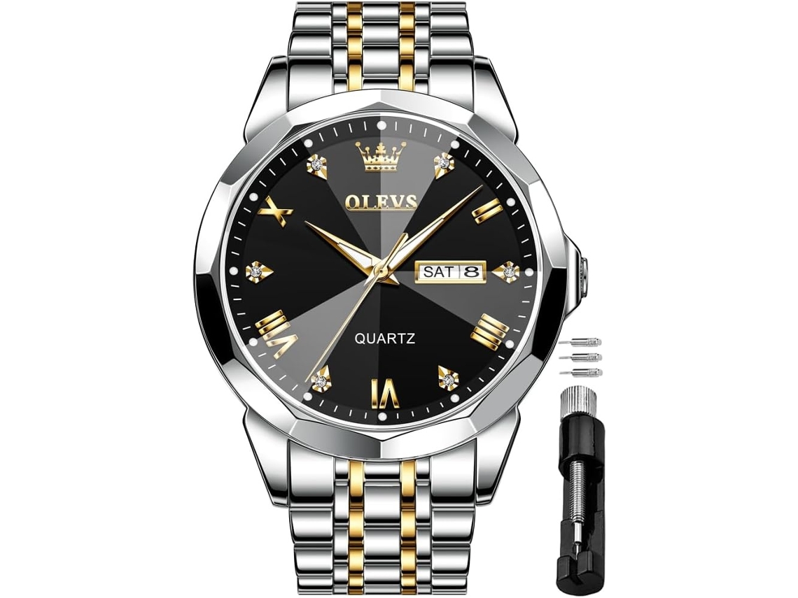 Lurelia Relógio Masculino, Movimento De Quartzo, Data/calendário, Luminoso, Detalhes Com Strass, 41 Mm, 11 Mm, Aço Inoxidável, Abs, Preto