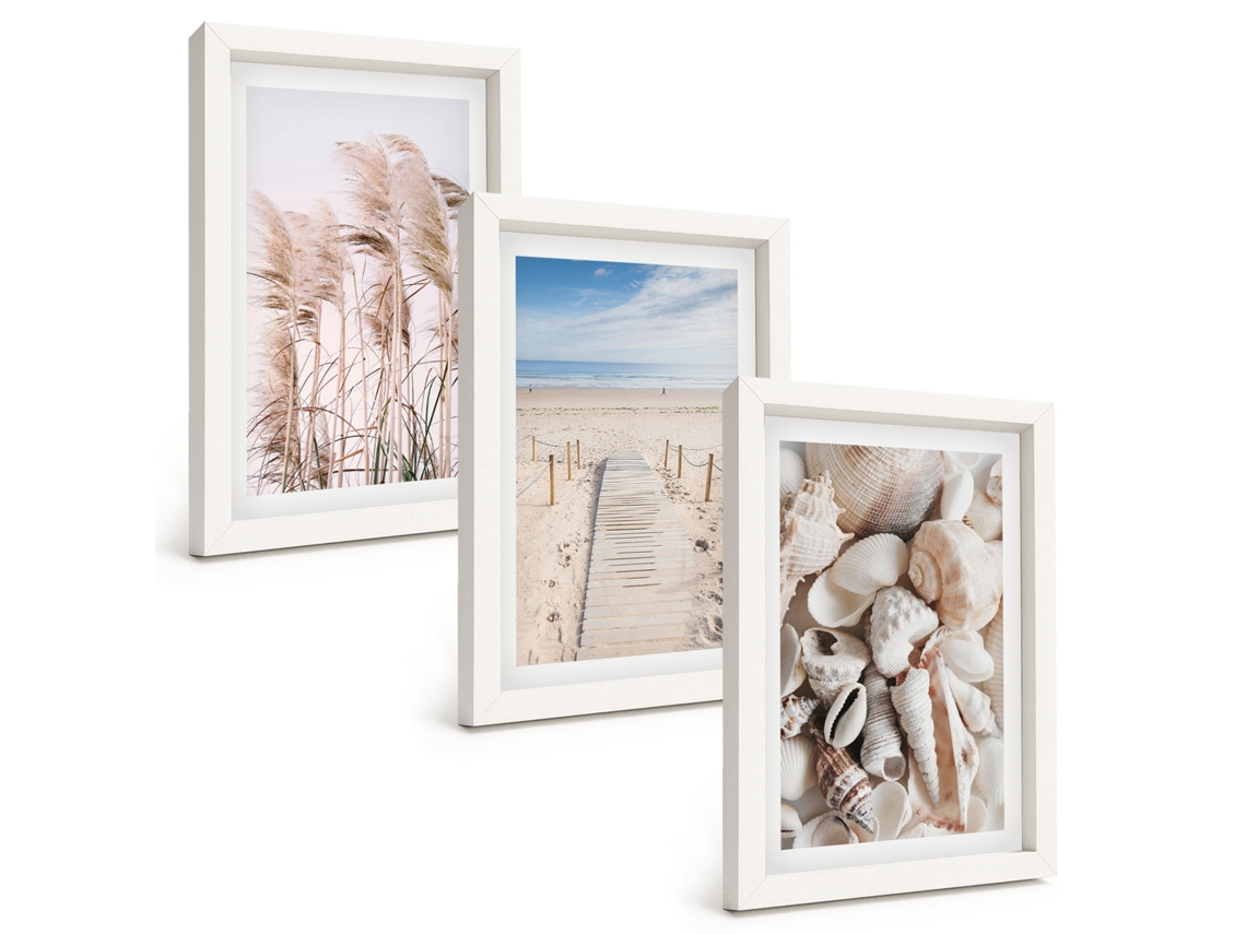 Conjunto De Quadros Com Moldura Praia, Conchas, Grama À Beira-mar Moldura Branca Fotos Para O Escritório Espelharte (3 Peças 20x30 Cm)