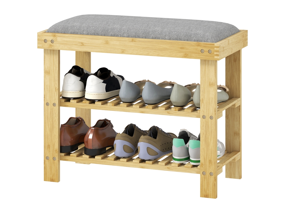 Banco Sapato Bambu Cinza 60x29x49 Cm (2 Níveis, Almofada)