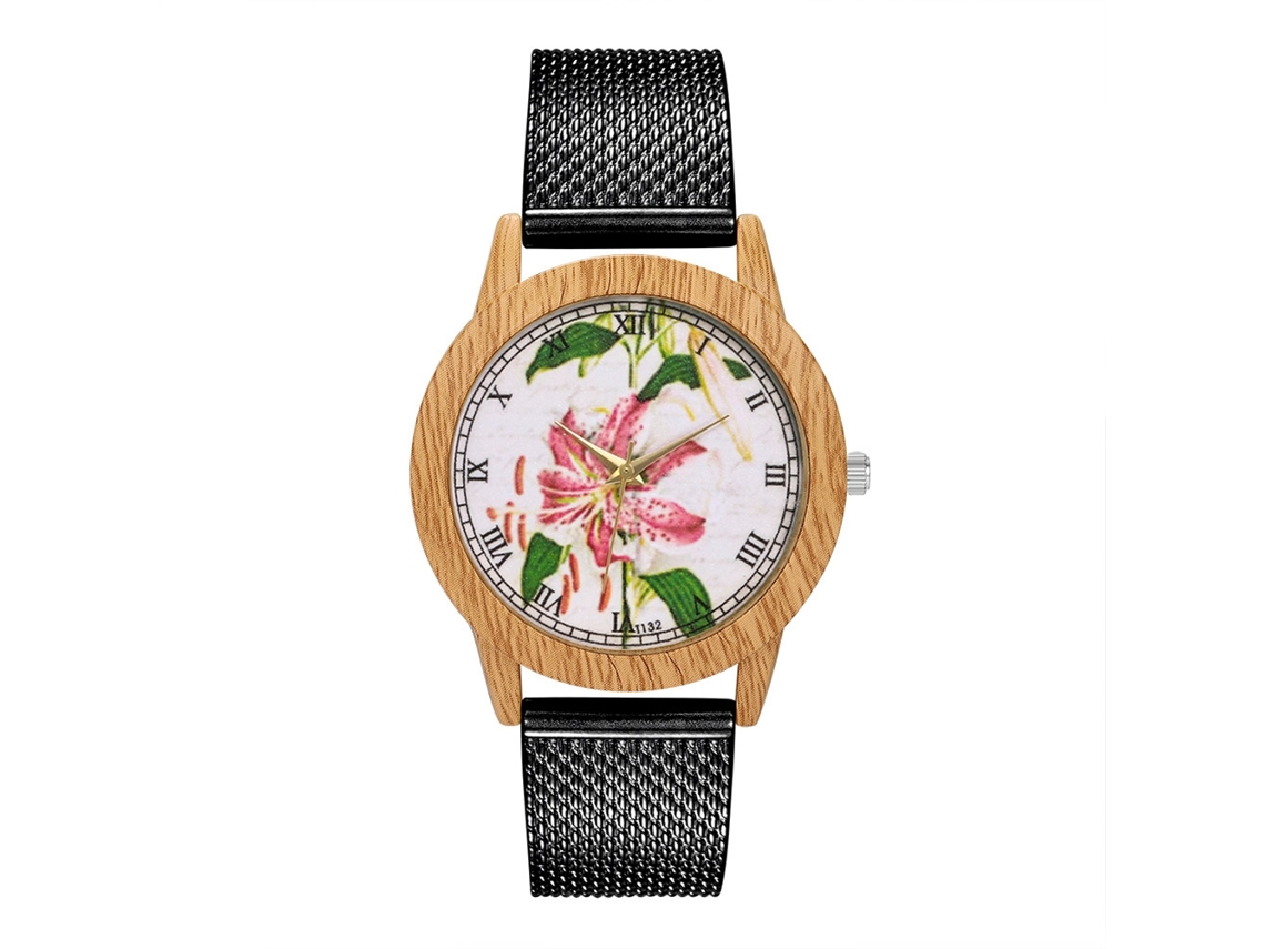 Relógio de quartzo unissex Zhoulianfa com estampa floral casual e pulseira de silicone, preto.