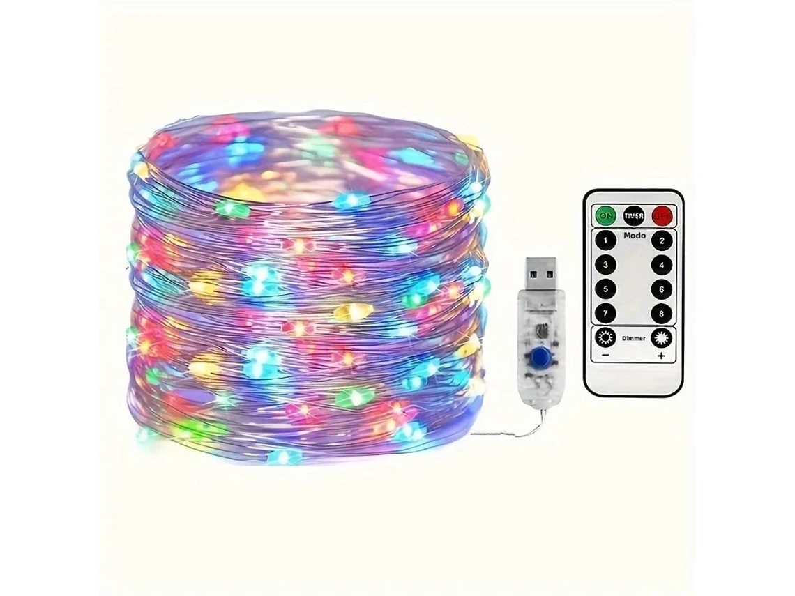 Cordão de Luzes Usb Céu Estrelado, Fio de Cobre Prateado, 8 Modos de Iluminação, com Controle Remoto. MDUG (5m50 Leds Coloridos)
