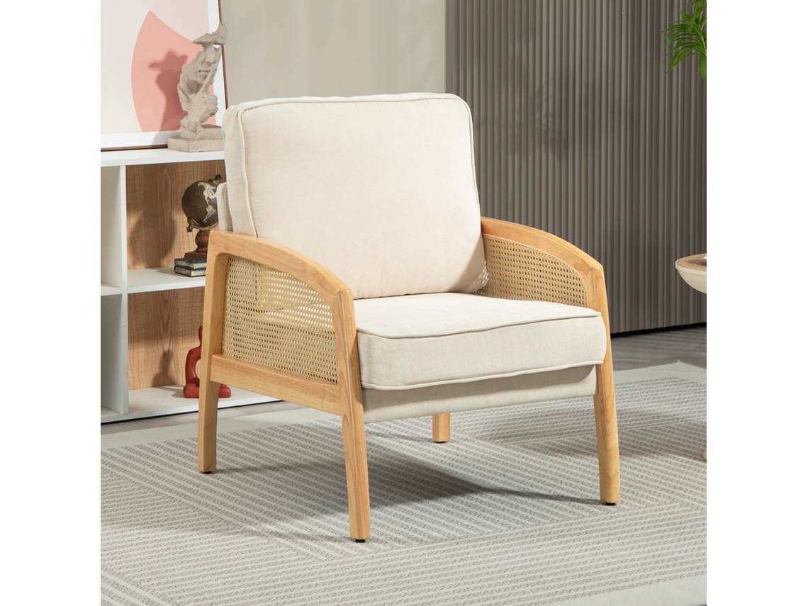 Poltrona para Escritório e Sala de Estar, Modelo Moderno, Cor Bege, com Braços em Vime e Base de Madeira