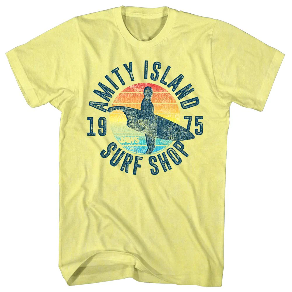 Unisex Adult T-shirt Rockinstone Jaws Movie Surfshop Heather Yellow Sizexl