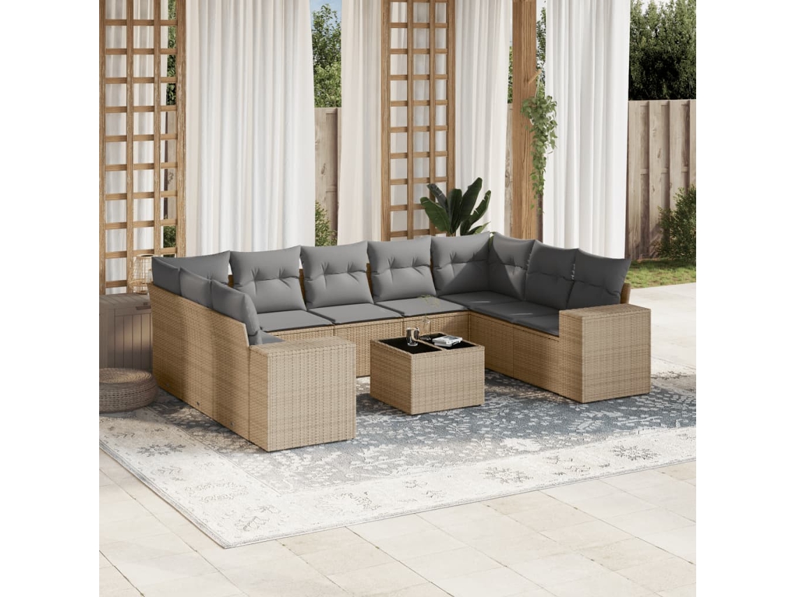 Vidaxl 10 Pcs Conjunto De Sofás P/ Jardim Com Almofadões Vime Pe Bege