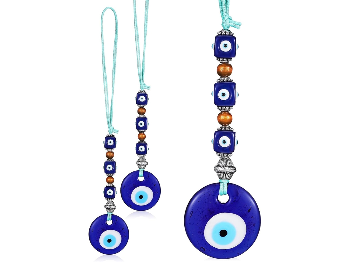 Conjunto 3 Pingentes Cordão Metálica Vidro Amuleto Sorte Decoração Pendurar Olho Azul Liga GOKOCO