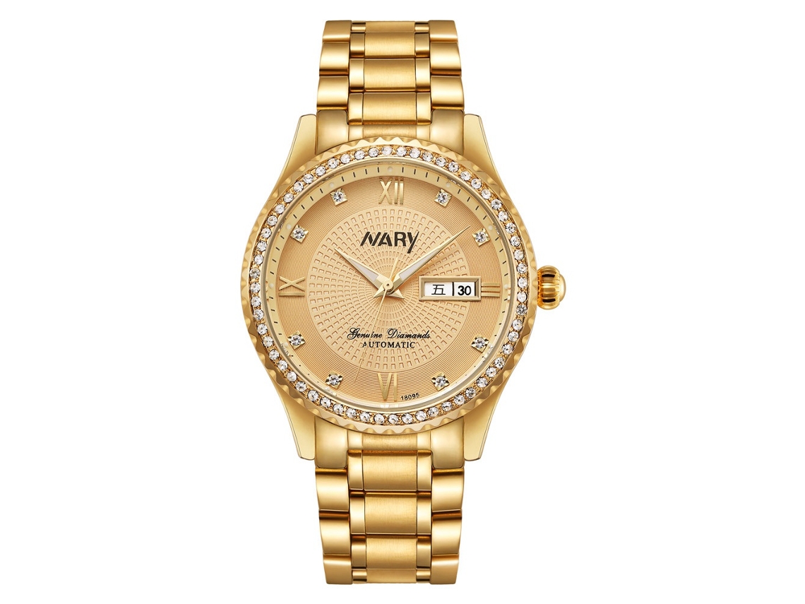 Relógio mecânico masculino Nary, pulseira de liga metálica, aço inoxidável, à prova d'água, dourado.