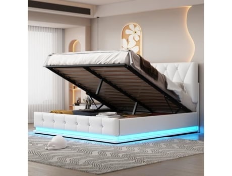 Cama Com Cabeceira Estofada Led Elevação Hidráulica Base Ripas Dreammespace Pele Sintética Branco (140x200)