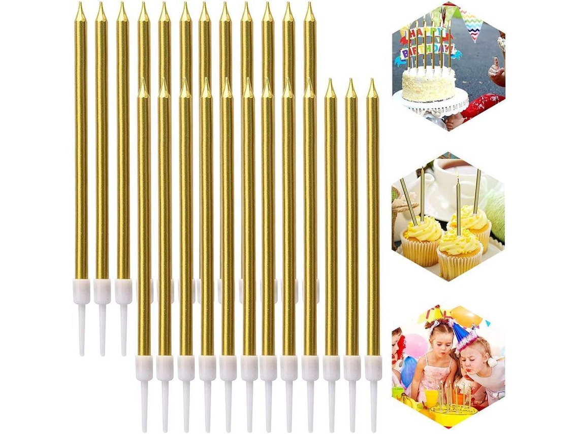 Velas Metálicas Color Oro, 24 Piezas Delgadas Largas Para Pasteles De Cumpleaños Y Bodas