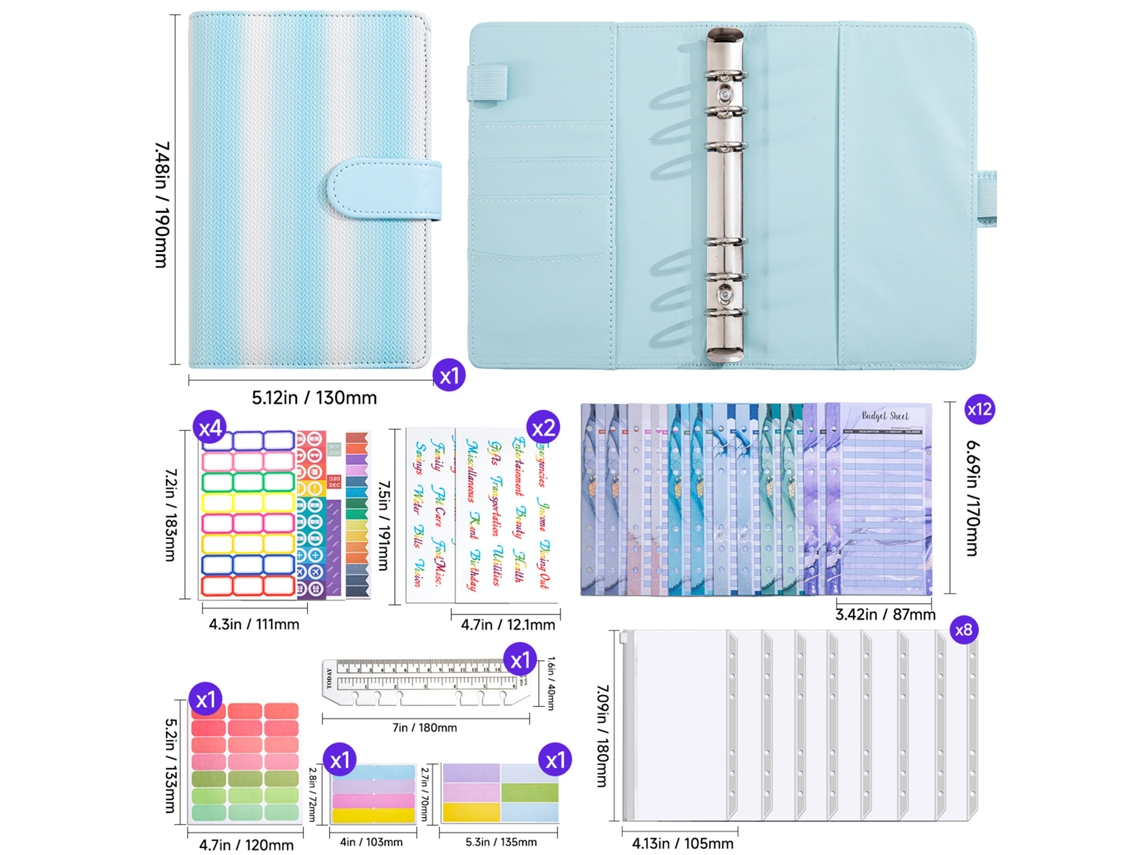 Instagram Style Eco Friendly Loose Leaf Notebook With Lined Grid Refills Rainbow Stripe Light Blue White Gradient