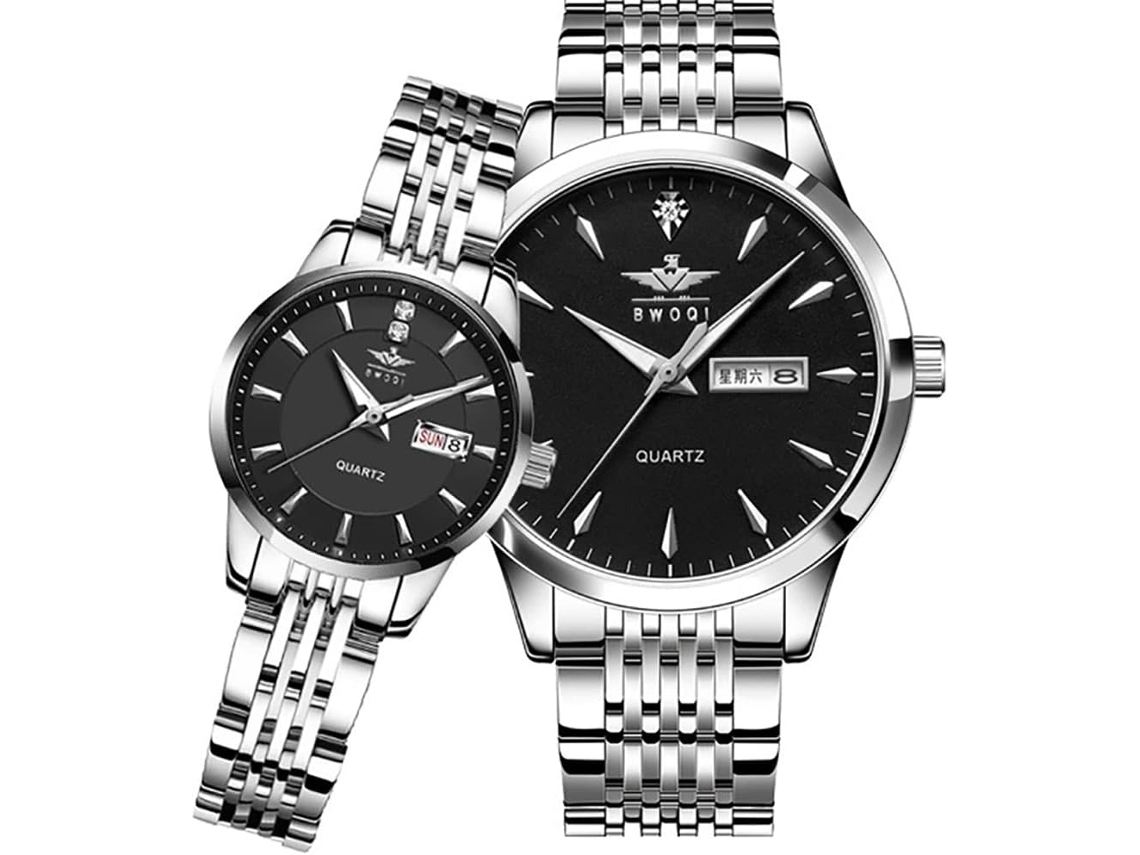 Lurelia Conjunto De Relógios Para Casal, Data/calendário, Aço Inoxidável, Resistente À Água, Prata E Preto