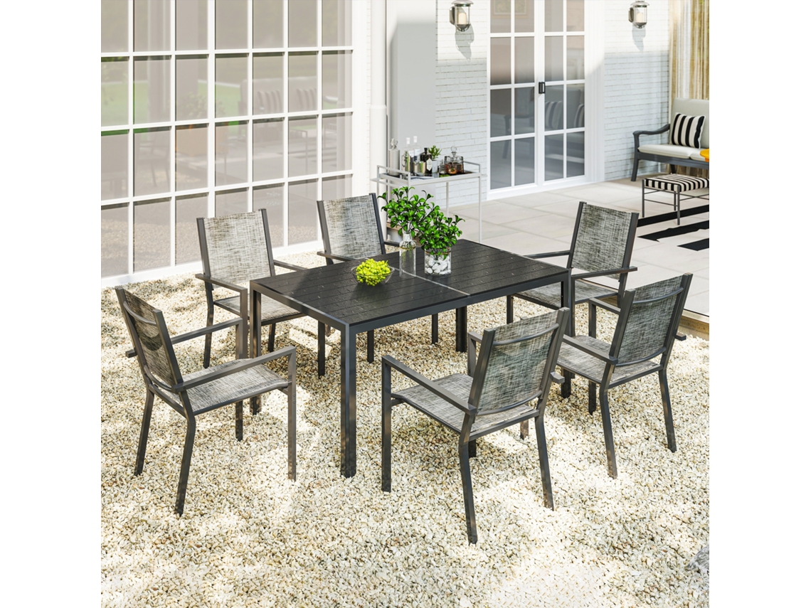 Mesa De Jardim Externa Com 6 Cadeiras Empilháveis, Bandeja Ripada 150 Cm, Estrutura Aço Antiferrugem, Preto