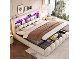 Cama Multifuncional 180x200 Cm - Função Hidráulica, Portas Usb E Led, Design Em Pétalas - Bege