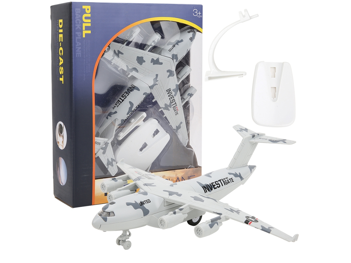 Avião WalshLXq de 22 mm em liga metálica fundida com luz e música, ideal para crianças, cor cinza.