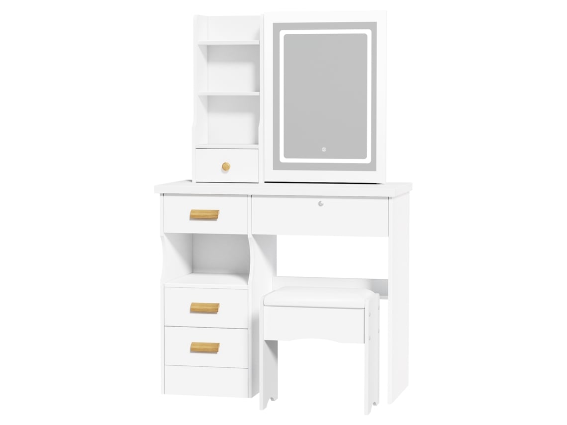 Tocadores Para Quarto Led - Fianao - 5 Gavetas - Banco Acolchoado - Três Modos De Iluminação - Estilo Moderno - Branco - 80 X 132 X 36 Cm