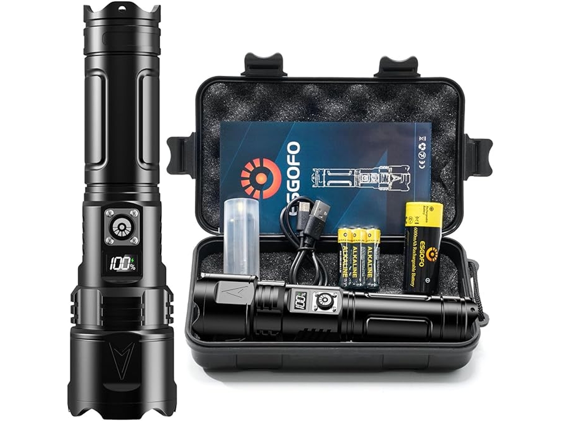 Lanterna Led De Alta Potência De 600.000 Lúmens, Recarregável, À Prova De Água, Com Zoom, Ecrã Lcd, Para Campismo, Caminhada E Viagem