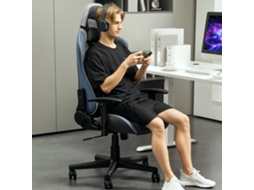 Cadeira Gamer Azul Ergonômica Reclinável Apoio Cabeça Braço Lombar Altura Ajustável Balanço Tecido Linho