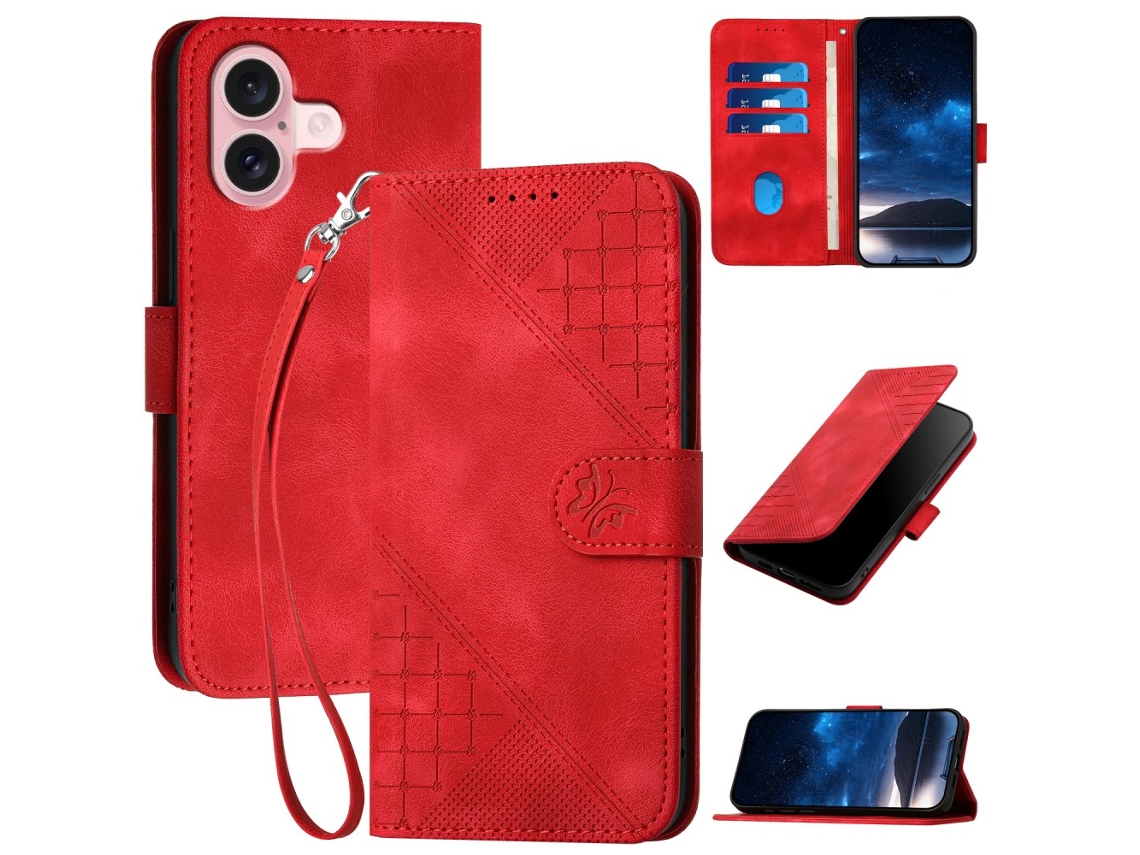 Capa Em Couro Pu, Para Apple Iphone 16 Cor Vermelho