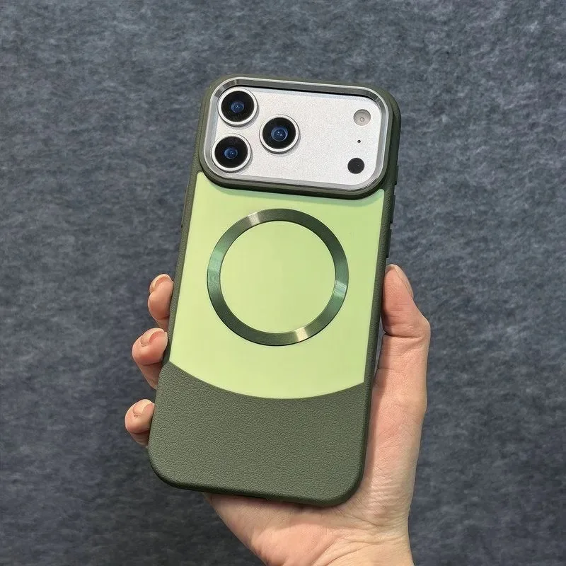 Capa Protetora Magnética (verde Para Iphone 15 Pro Max), Acabamento Em Couro Patchwork, Capa Rígida Fosca.