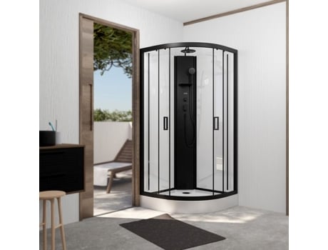 Cabine De Duche 1/4 Círculo 85x85x210/235 Cm Bandeja Bases Brancas / Coluna Perfis Pretos Aurlane