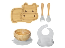 Conjunto De Utensílios De Mesa Para Bebé Em Bambu, Com Estampado De Bezerro, 5 Peças. Cinza Panoona