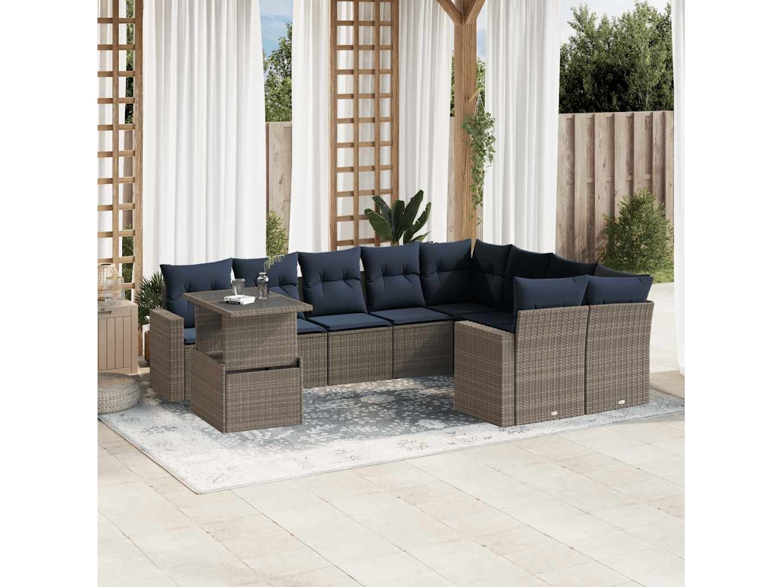Conjunto de Sofá de Jardim com 9 Peças e Almofadas em Rattan Sintético Cinza VIDAXL