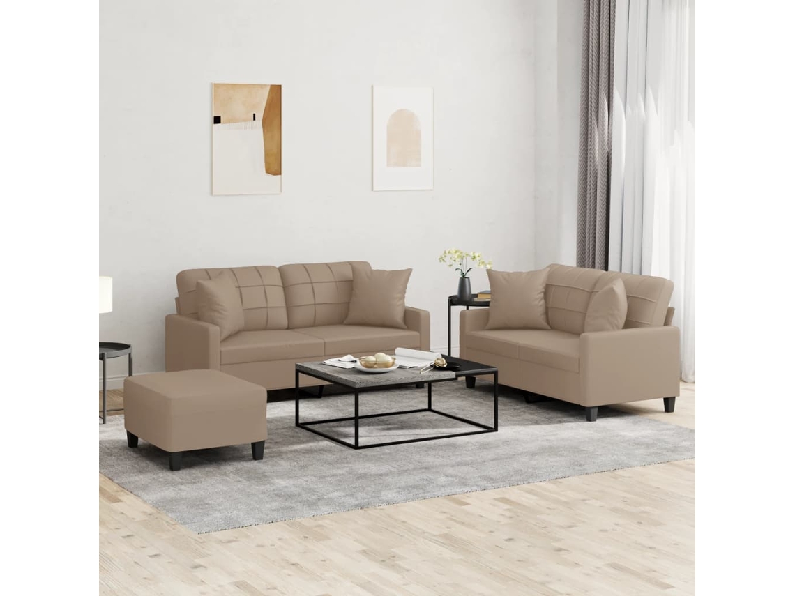 Vidaxl 3 Pcs Conjunto Sofás C/ Almofadas Couro Artificial Cappuccino