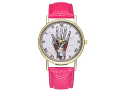 Relógio de quartzo unissex casual com pulseira de couro PU, mostrador redondo, cor rosa/vermelho.