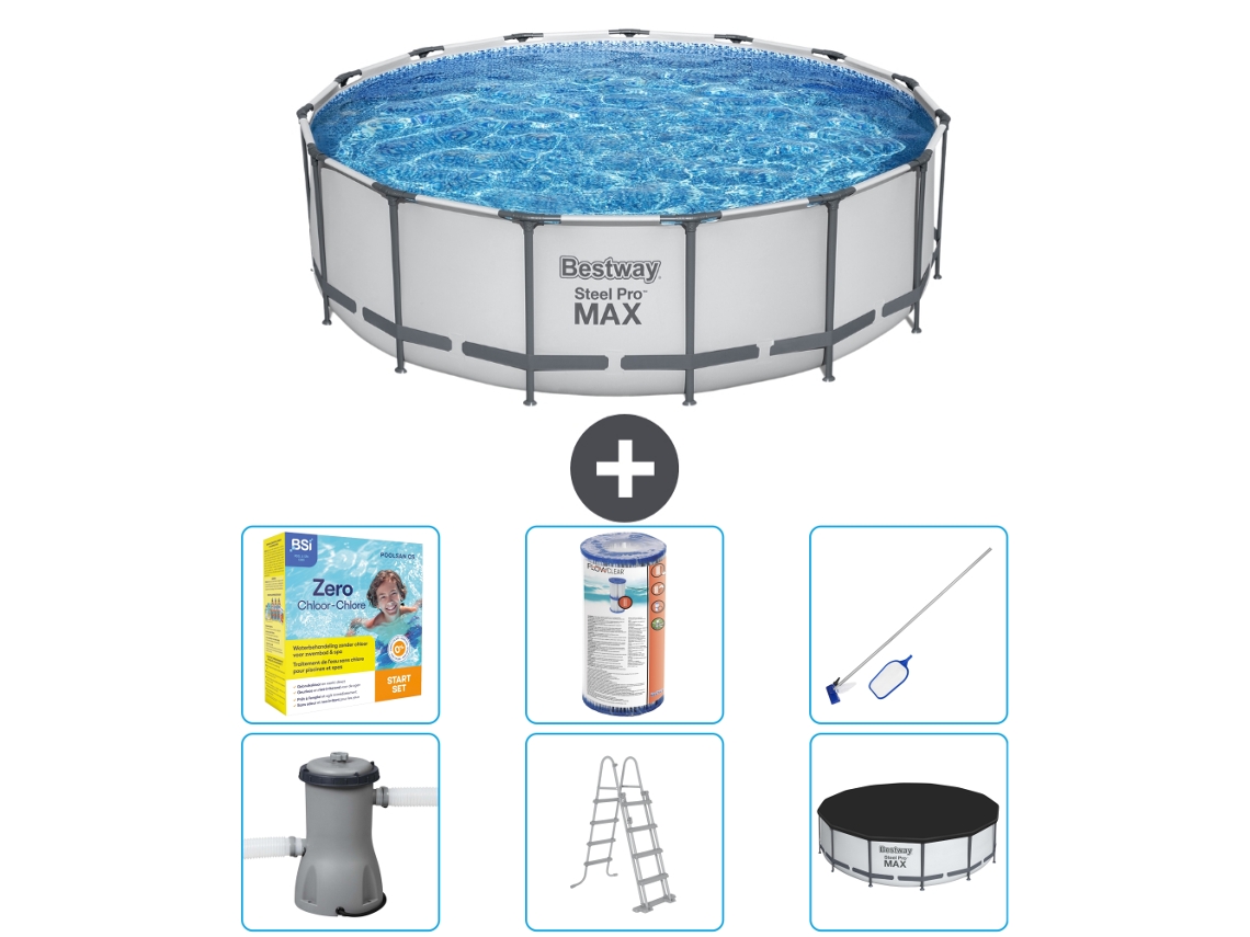 Piscina BESTWAY Round Steel Pro Max 457 X 122 Cm Cinza Incluindo Bomba Escada Cobertura Pacote de Manutenção Filtro Kit de Limpeza