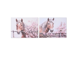 Pintura HOME ESPRIT Bege Cor de Rosa Tela Madeira MDF Cavalo Shabby Chic 80 x 2,5 x 60 cm (2 Unidades)