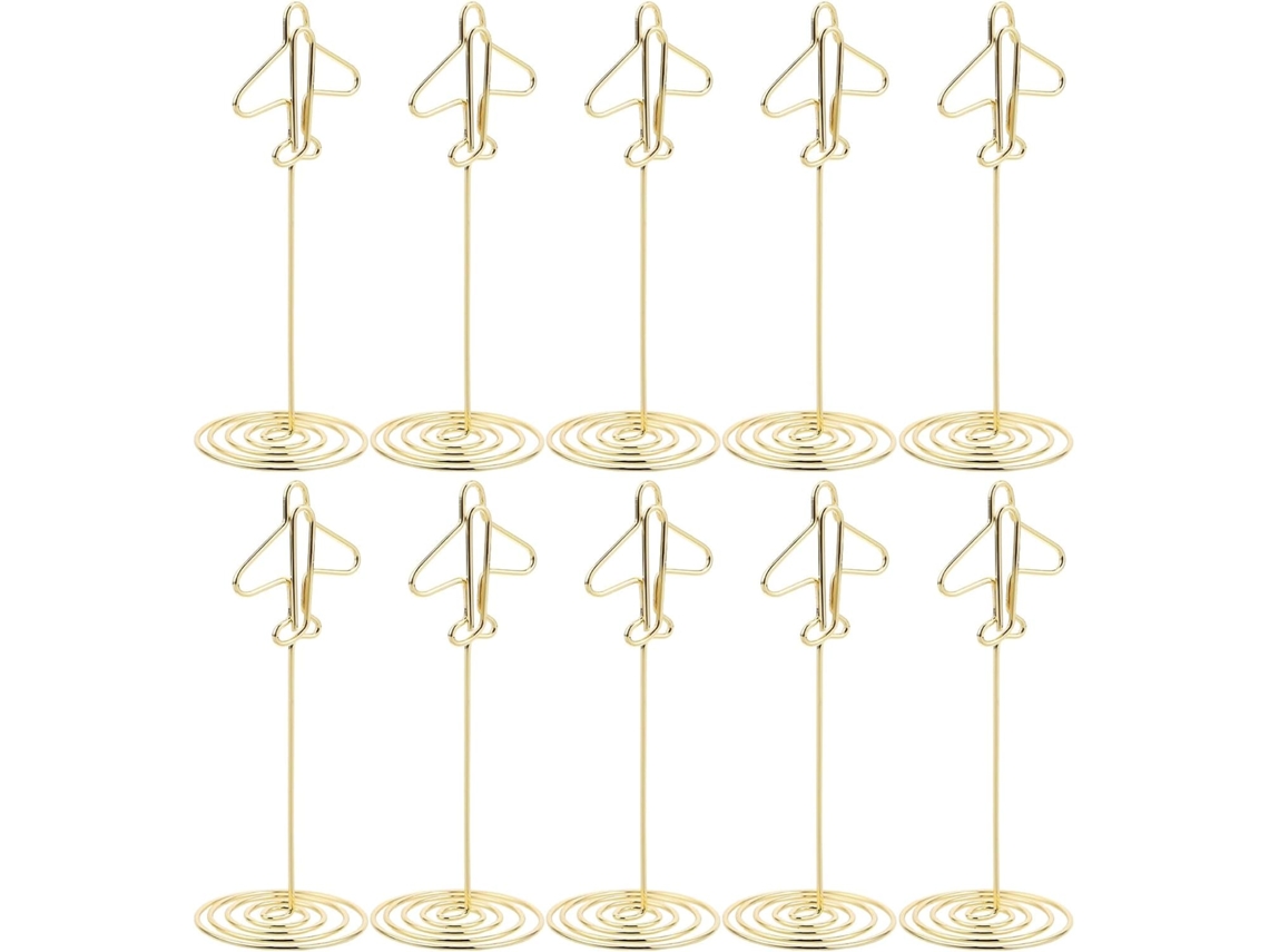 Conjunto 10 Porta Retratos Metal Dourado Formato Avião Suportes Pequenos Estáveis Práticos Cartões Ingressos GOKOCO