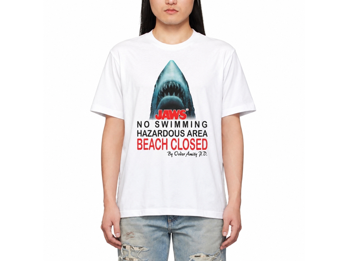 Rockinstone Jaws Movie Beach Closed White Adult T-shirt Size:m