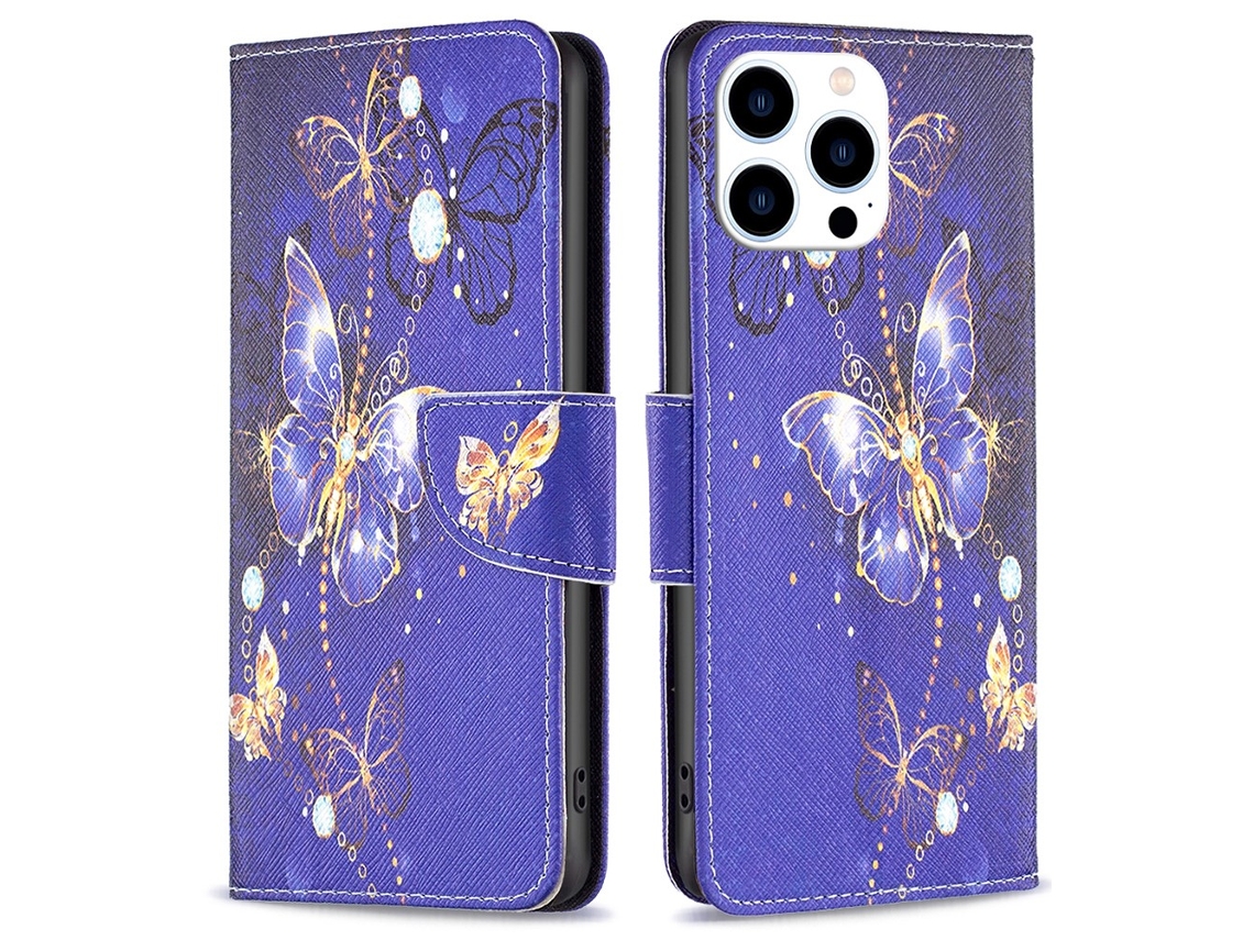 Capa Em Couro Pu Com Suporte Para Apple Iphone 16 Pro Max - Borboletas Roxas