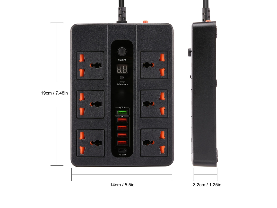 Painel De Energia 3000w 6 Tomadas 5 Usb Com Timer