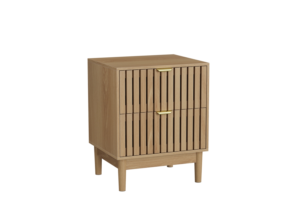 Mesa de Cabeceira em Carvalho com design ripado, 2 gavetas, 45x39x56,5 cm PAPRIKA
