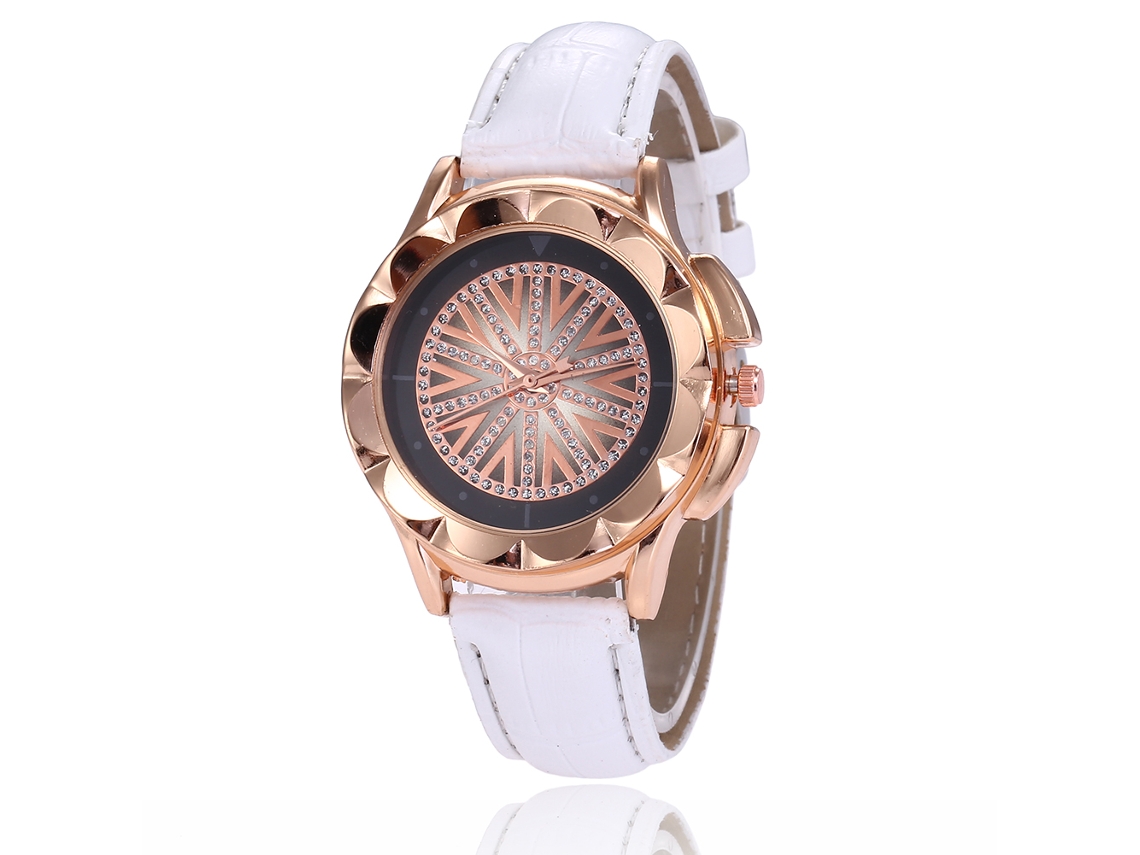 Relógio feminino de quartzo com pulseira e mostrador em couro PU com pedras brilhantes (branco)