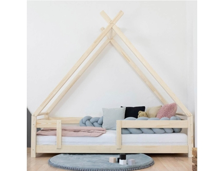 Cama BENLEMI Tahuka com barreira de segurança (Madeira maciça - Cinzento - 120 x 190 cm)