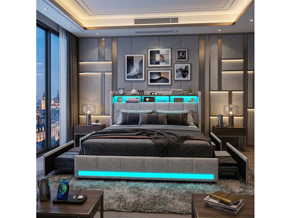 Cama de casal em linho bege com LED RGB inteligente, USB/type C, gavetas 140x190cm LAZYSPACE