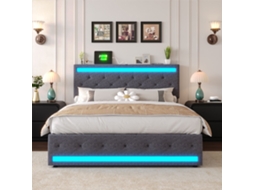 Cama De Casal Adulta 140x190 Cm Com Led, 4 Gavetas, Estrado De Ripas, Cama Estofada, Linho, Cinzento Escuro, Sem Colchão