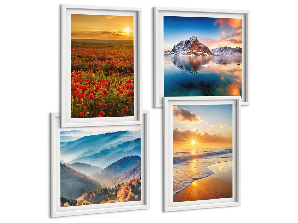 Quadros Decorativos Para Parede Paisagens De Montanhas E Mar, Pôr Do Sol Moldura Branca Fotos Para O Escritório Espelharte (conjunto De 4 Imagens)