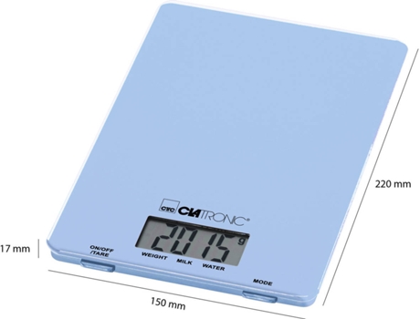Balança de Cozinha CLATRONIC KW 3626 Azul (Capacidade: 5 Kg - Precisão: 1 g) — balança de cozinha azul, superfície em vidro, medições até 5 kg com intervalos de 1g, função reset para adição de peso. Botão On/Off