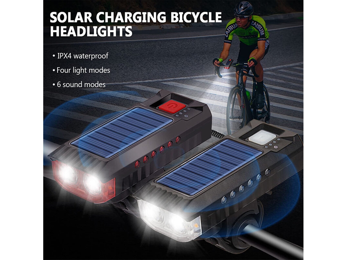 Branco Farol Bicicleta Recarregável Energia Solar Led Super Brilho 4000mah Ipx5 4 Modos Buzina 120db Ciclismo Noturno