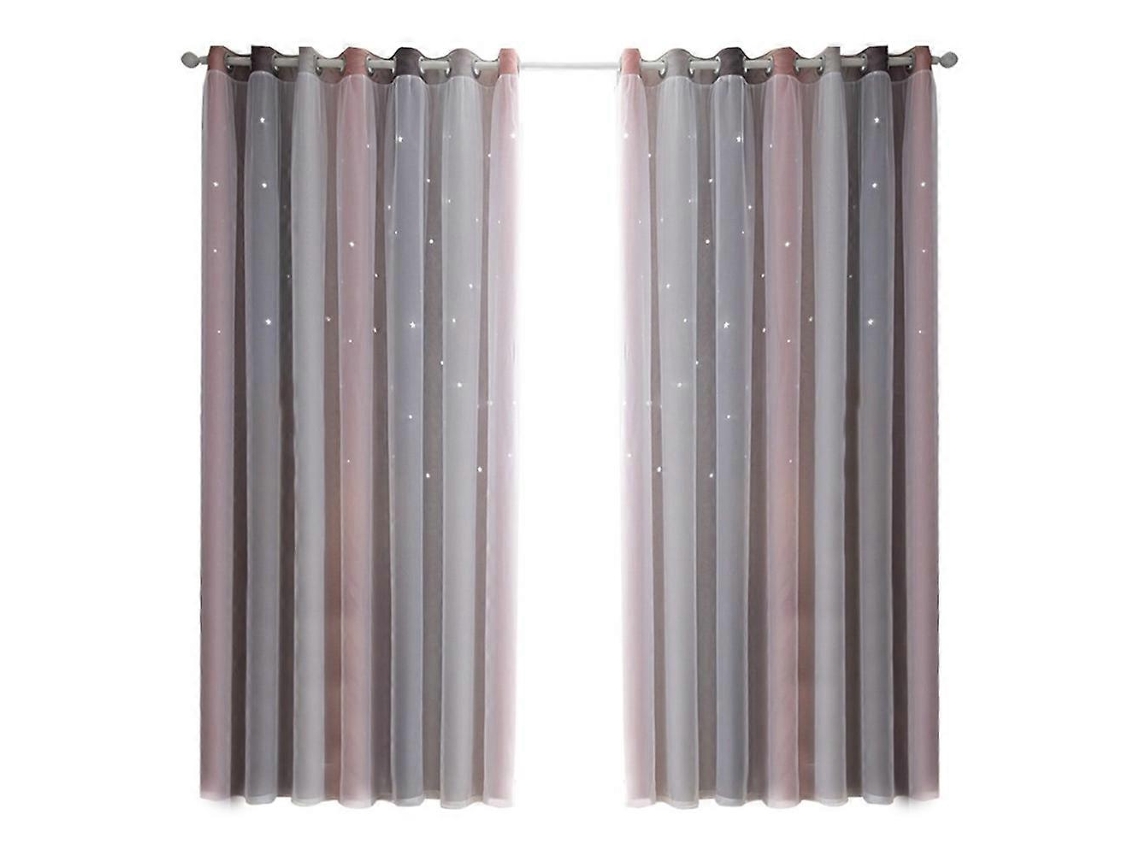 Cortina Dupla Com Estrelas, Degradê Rosa E Cinza Para Sala E Quarto