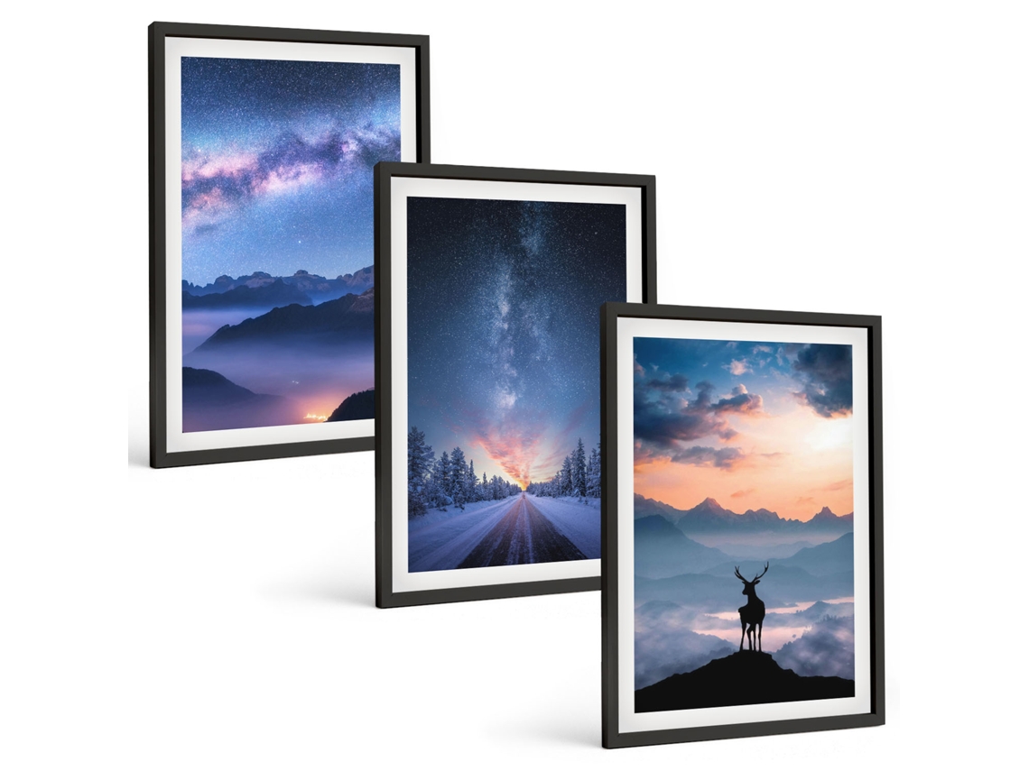 Conjunto De Pinturas Céu Noturno, Montanhas, Neblina, Veado Espelharte (3 Peças 40x60 Cm)