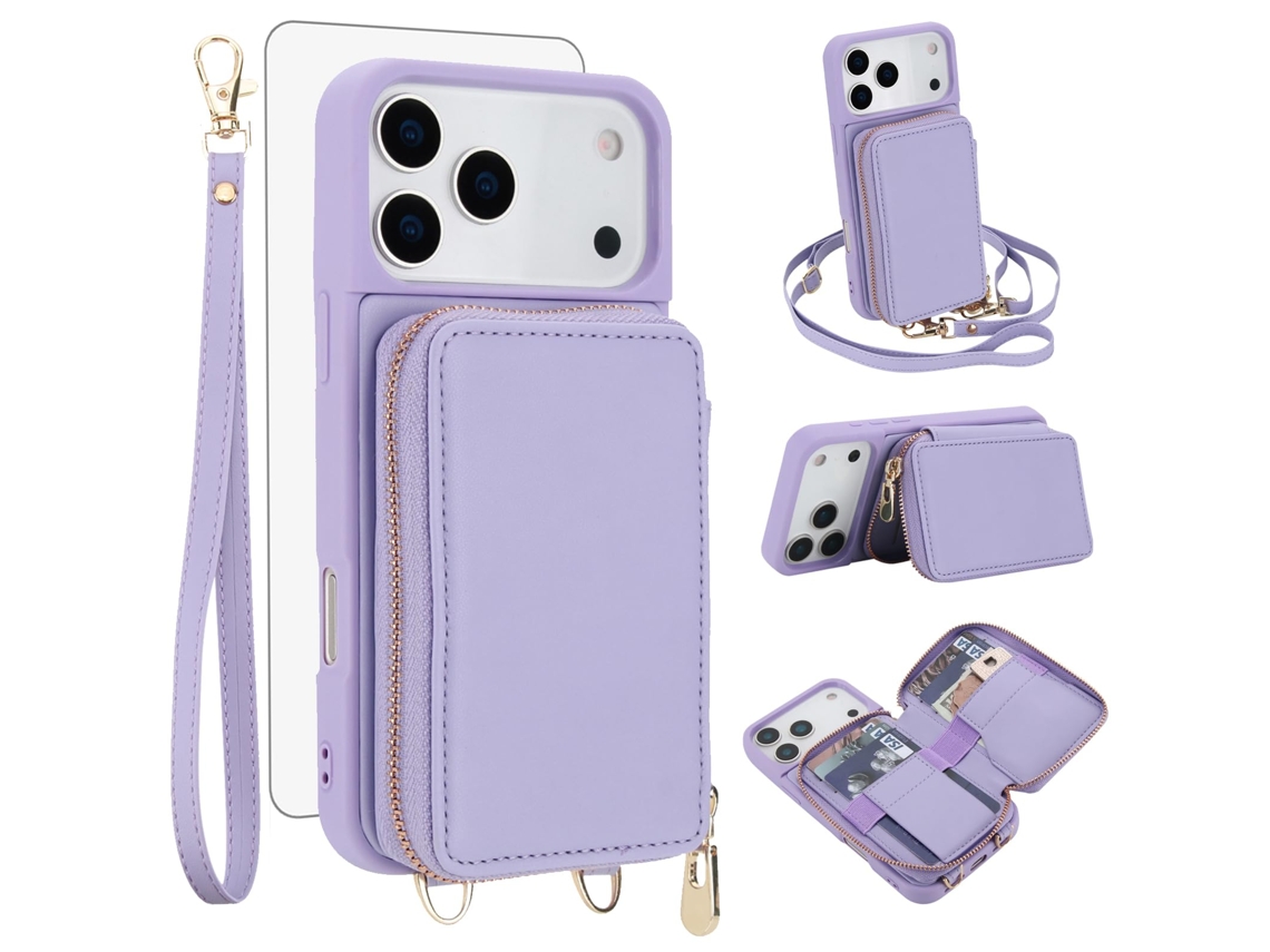Capa Carteira Para Celular Em Couro Pu+tpu Com Protetor De Tela Para Iphone 17 Pro (6,3 Polegadas) - Roxa