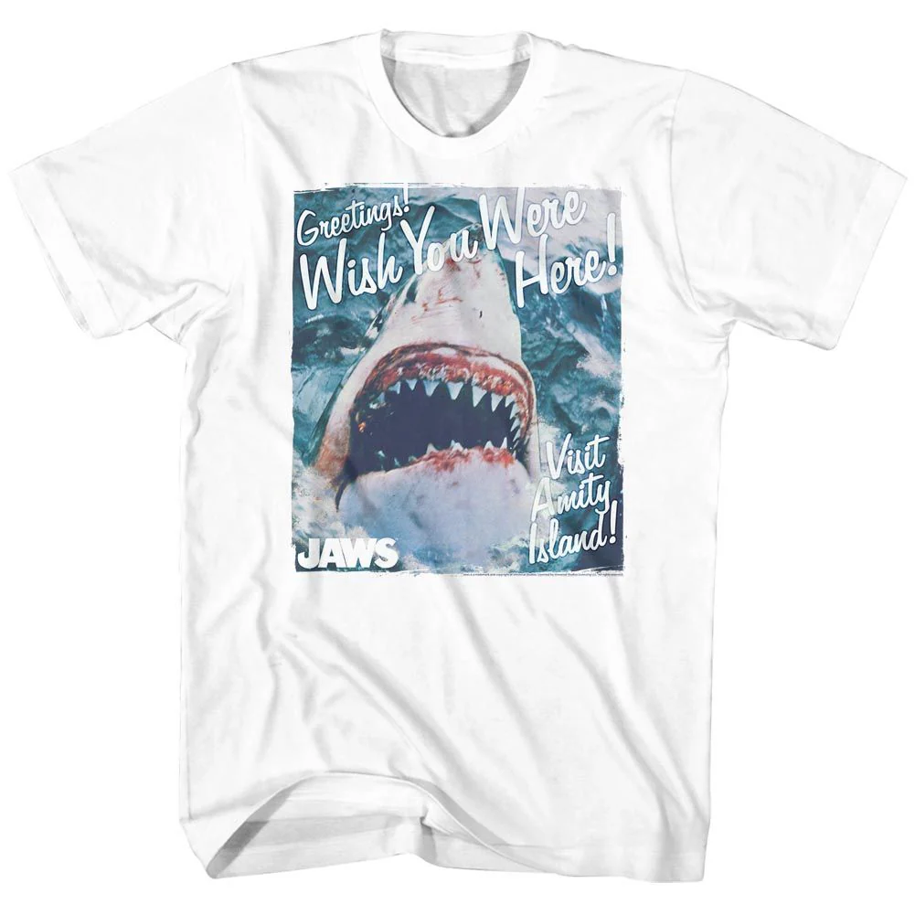 Unisex Adult T-shirt Rockinstone Jaws Movie Greetings White Sizel