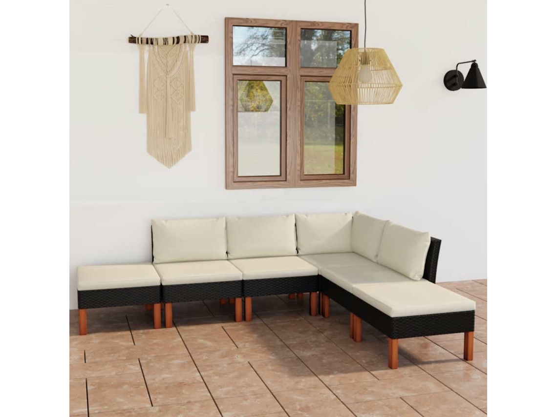 Vidaxl 6 Pcs Conjunto Lounge De Jardim C/ Almofadões Vime Pe Preto